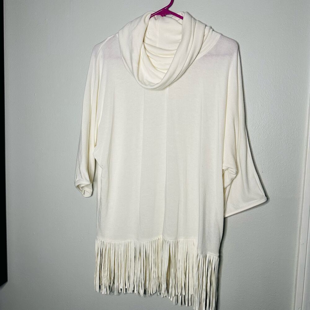 Terre Bleue Loose White Cowl Neck Quartar Sleeves Leather Fringe Trim Top Size S
